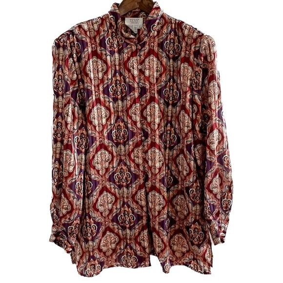 Vintage Tops - Vintage crinkle pleated collarless metallic medallion print blouse size LP